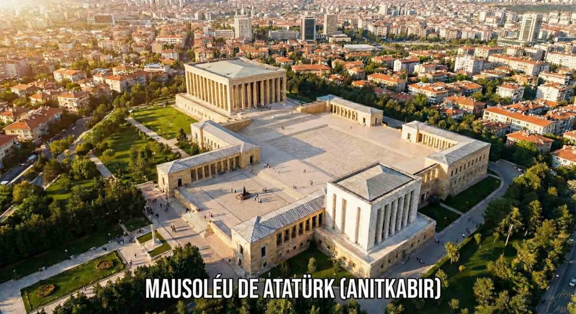 Vista aérea do Anitkabir, mausoléu de Atatürk em Ancara, com pátio amplo e colunatas imponentes.