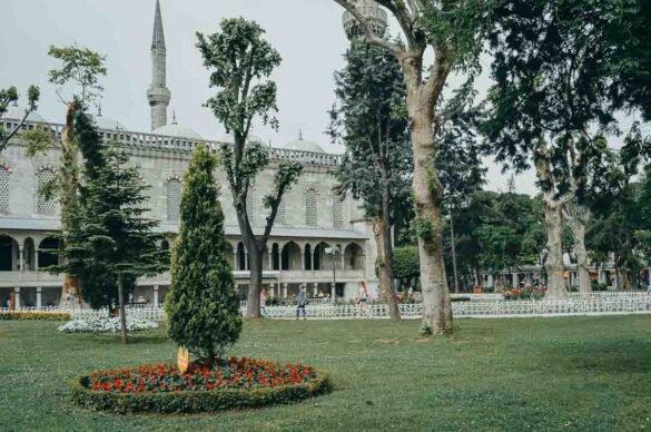 Jardins gramados em frente à fachada lateral de uma mesquita com minarete ao fundo.