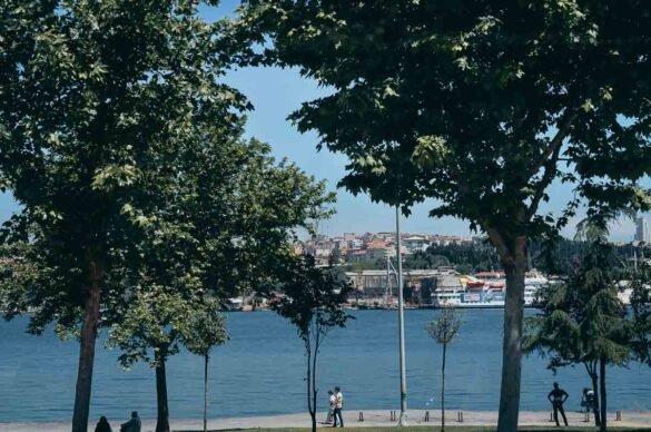 Vista arborizada do estuário Chifre de Ouro em Istambul, com navio e prédios ao fundo.
