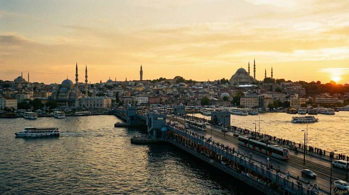 Ponte de Galata movimentada ao pôr do sol com silhueta de mesquitas ao fundo.