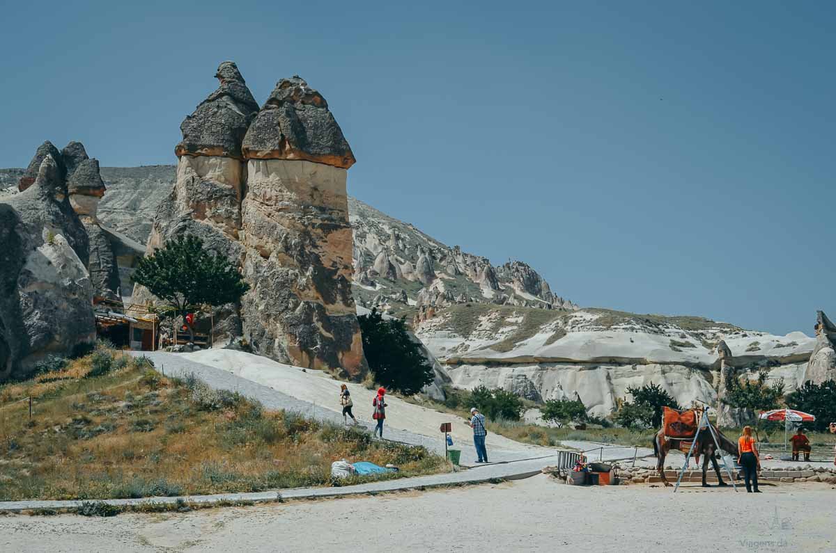 turistas-camelo-formacoes-rochosas-capadocia Caminho com turistas, barracas e um camelo descansando perto de chaminés de fada.