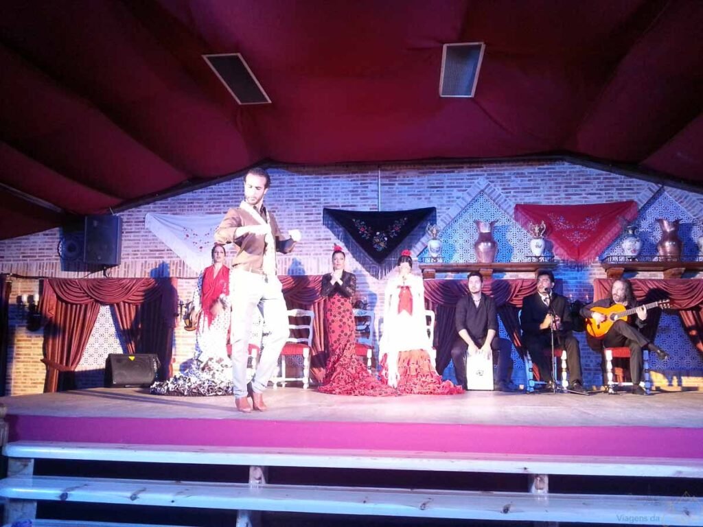 Bailaor dançando no palco acompanhado por músicos e bailarinas ao fundo em espetáculo flamenco.