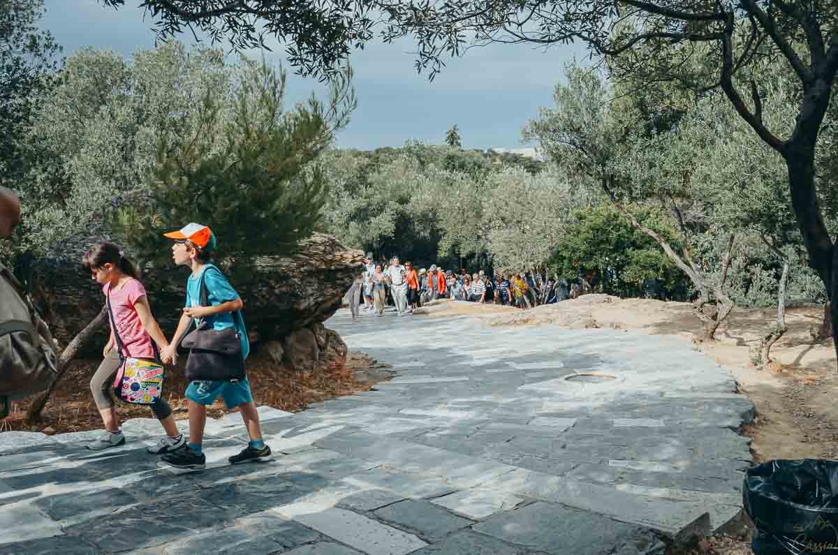 caminho-calcado-subida-acropole-atenas Crianças e turistas caminhando por ladeira de pedras rústicas cercada por oliveiras em Atenas.