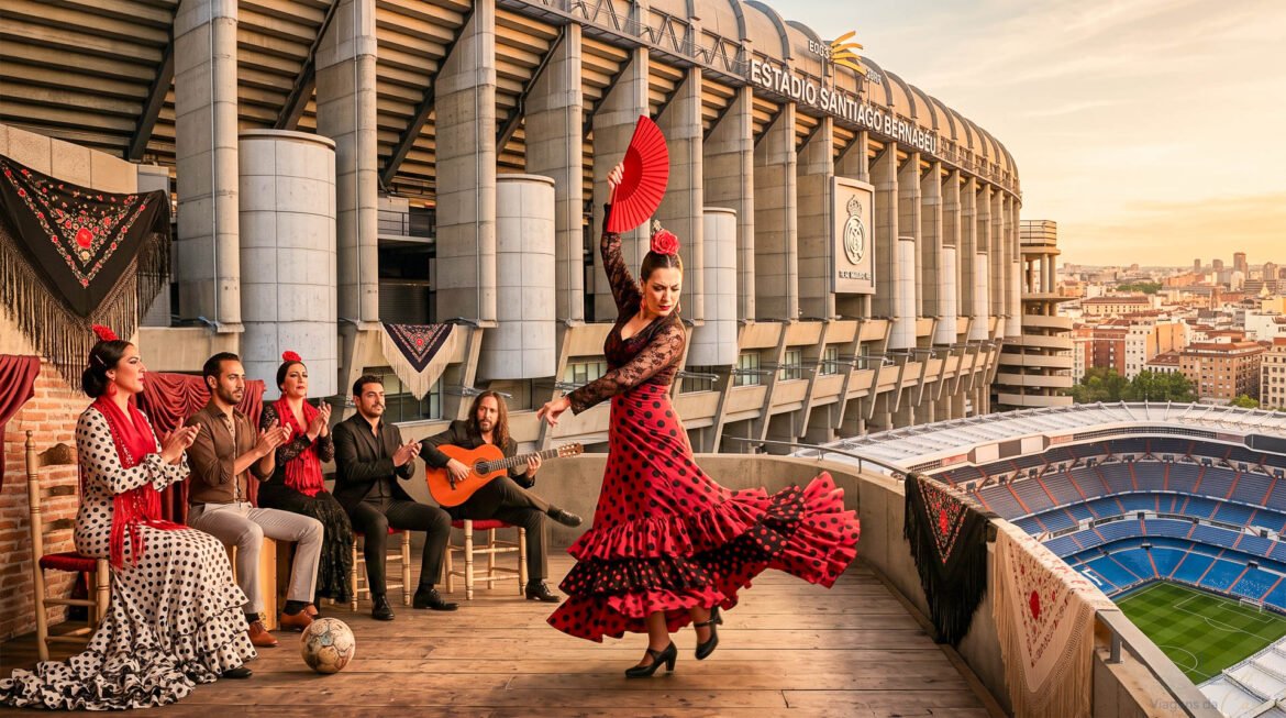 Apresentação de flamenco em terraço com vista para o Estádio Santiago Bernabéu em Madri.
