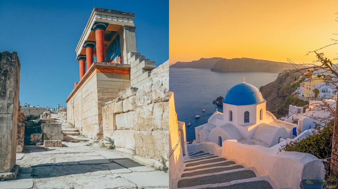 Montagem com as ruínas de Cnossos em Creta à esquerda e cúpula azul ao pôr do sol em Santorini.